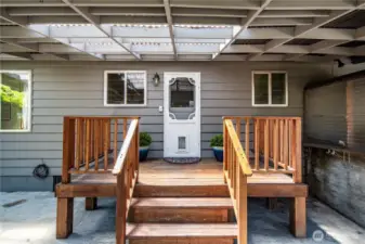 The deck has room for a bench or potted plants.