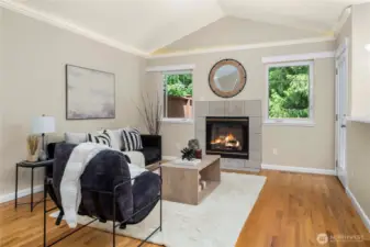 Light-filled living room with charming gas log fireplace