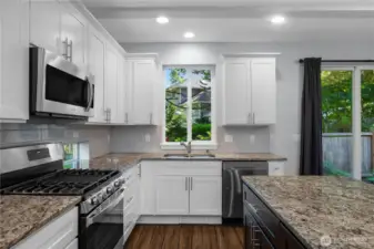 Granite counters. Gas range.