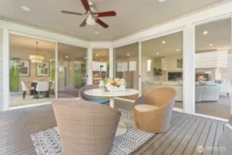 Outdoor room with ceiling fan and ceiling lights.