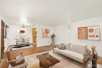 This is the virtual staging from the living room to the dining room.