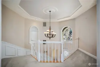 Upper floor hall. Tray cut ceiling, display nooks (another to the right of the photo) and wainscotting staircase) enhances the space! Note the coat alcove at the bottom of the steps next to the front door.