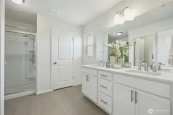 Large primary bathroom, with multiple closets!