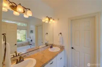 Primary suite full bath including jetted tub and shower. The doorway goes to the water closet and walk in shower.