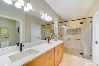 The primary bath has a new vanity with dual undermount sinks, faucets and quartz counter. No-step tile shower with a seating bench and large niche.