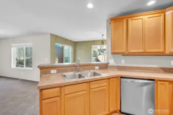 Kitchen is open to family room and dining room