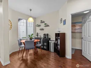 A breakfast nook is perfectly situated.