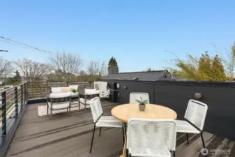 Roof deck is private from neighbors' and has incredible 360-degree views. Lake Washington and Cascades are visible to the East here.