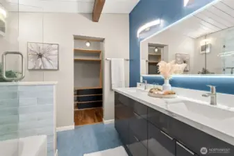 Stylish updates add to the modern character of the home - vaults & beams meet contemporary double vanity (open the drawers and check out the storage features!), tiled tub/shower with glass enclosure and marmoleum floors.