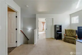 loft looking to the bathroom on the left, stairway in front to left, primary to the front, and loft to the right