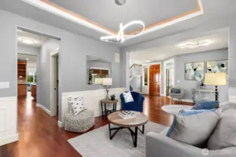 Beautifully updated light fixtures and paint.  Coved ceilings and extensive trim work throughout.