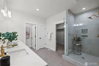 Primary ensuite bath with over-sized everything -  shower, walk in closet and vanity !