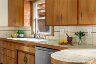 The countertops have been restored to period style.