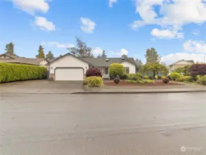 Over-sized driveway with additional parking to left. A vast assortment of foliage greets you.