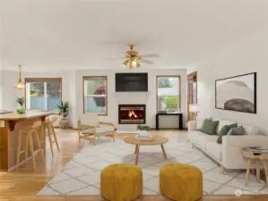 The possibilities are truly endless in your open-concept living space with cozy gas fireplace. The door to the beautifully landscaped backyard is directly to the right. *Photo virtually staged*