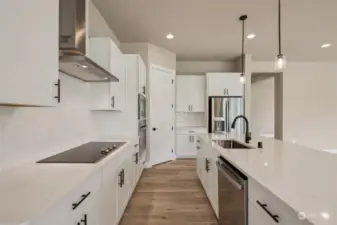 View of kitchen from the dining area showing the smooth top cook top, range hood and dishwasher