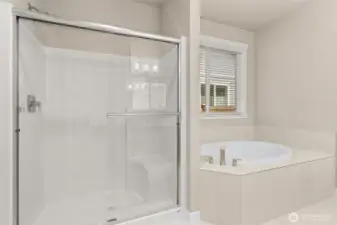 Walk-in shower and beautiful, large soaking tub in primary bath