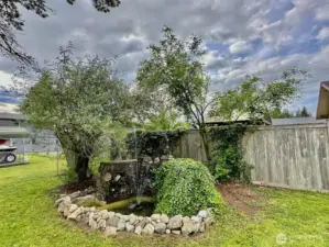 Beautiful pond with fountain at the corner of the yard!