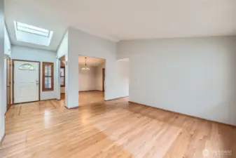 Vaulted ceilings in the living room with skylights for lots of natural sunlight.