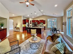 View of open great room looking towards kitchen and nook.