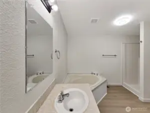 Relaxing corner soaking tub paired with a separate walk-in shower—offering functionality in the primary bath.