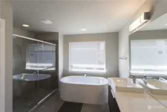 Chic Master Bathroom w/stand-alone tub, large shower, double-sink counter & tile floors