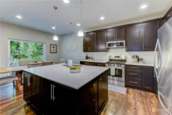 Well appointed kitchen with a large island, 5 burner gas stove, quartz counters