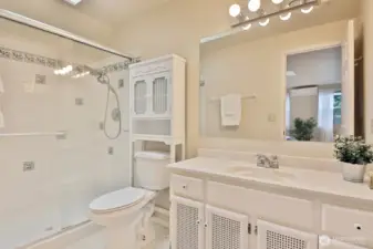 Generous shower and a skylight to bring in the light!