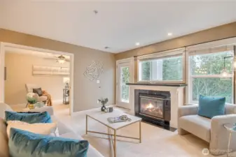 Cozy gas fireplace, easily flow from LR to den, access your deck from both the LR and den, enjoy all the natural light from both rooms.