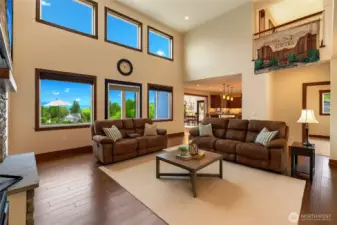 Open concept great room with 20' cathedral ceilings and amazing natural light.