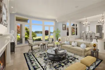 Formal living room. Chateau mantel frame gas fireplace. Double glass French doors lead to exterior patio.