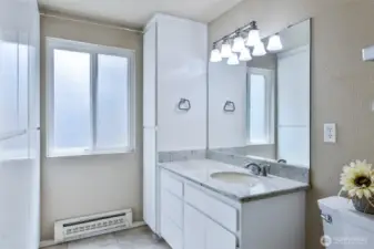 Shower is to the right of the toilet
