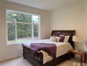 Second of four additional bedrooms on the main level offers peaceful views of the park-like setting and sport court - perfect for enjoying natural light and outdoor scenery.