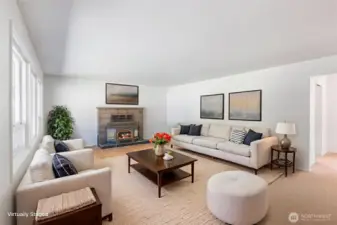 Living Room Wood Burning Fireplace Virtually Staged