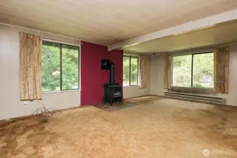 living area with wood burning fireplace
