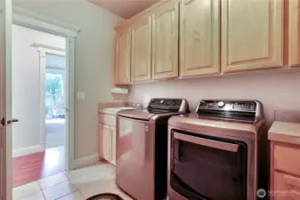 Conveniently located on the main floor, the laundry room sits just across from the primary suite, making daily routines a breeze. Thoughtfully designed for efficiency, it also offers direct access to the garage, perfect for unloading groceries or managing muddy shoes without tracking through the home. Plus, the laundry room cleverly stores the central vacuum hoses, keeping everything neat and easily accessible. This smart layout adds both functionality and ease to everyday living. Whether you're tackling laundry or heading out the door, everything is right where you need it.