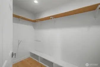 Large walk-in closet in the primary bedroom with built-in shelving and plenty of hanging space.