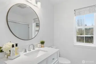 Bathroom with walk in shower on main floor for geusts