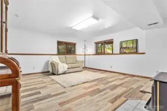 The large downstairs bonus room has a cozy wood-burning stove and lots of room for a pool table