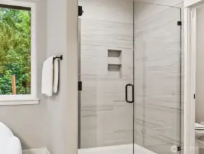 Bathroom features duel headed shower and heated floors.