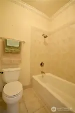 The second section of the bath houses the toilet and bathing facilities. The tiled floor is heated.