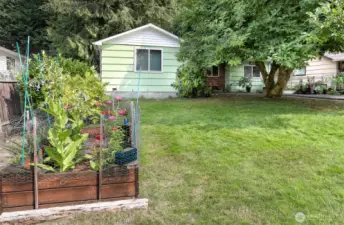 Large front yard with garden beds.
