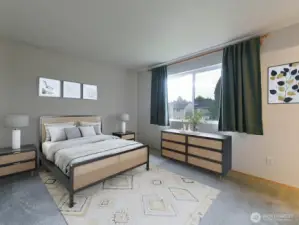 Primary bedroom, virtually staged.  So much room, so many options!