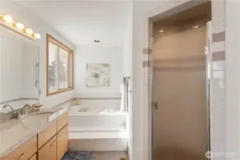 Primary bedroom bath with soaking  tub and shower.