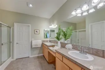 Primary bathroom with dual sinks, a step-in shower, walk-in closet and private water closet.