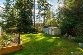 Back yard showing the two outbuildings/storage sheds.