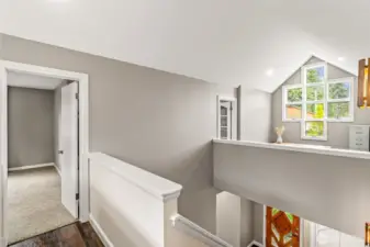 Cat walk showing loft and lots of windows, cat walk currently being used as an office, could be used as a yoga room or anything