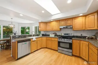 Granite counter tops and views of the lush green from every window.