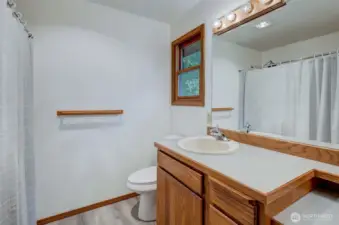 Primary bath offers plenty of space to upgrade to a dual vanity (more storage & countertop not shown)