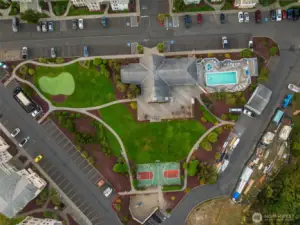 Aerial view of the amenities; The seasonal heated pool and hot tub are great!